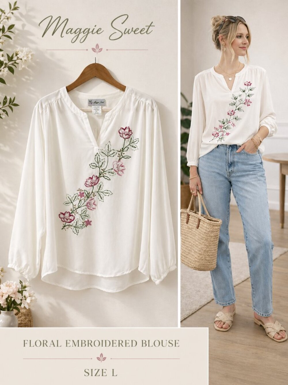 Maggie Sweet Floral Embroidered Blouse Ivory Split Neck Long Sleeve L